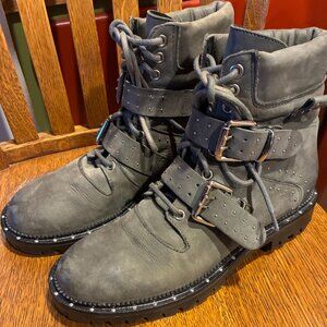 Free People Mountain Brook Gray Leather Moto Boots  -Gray  -Size 39 / 9